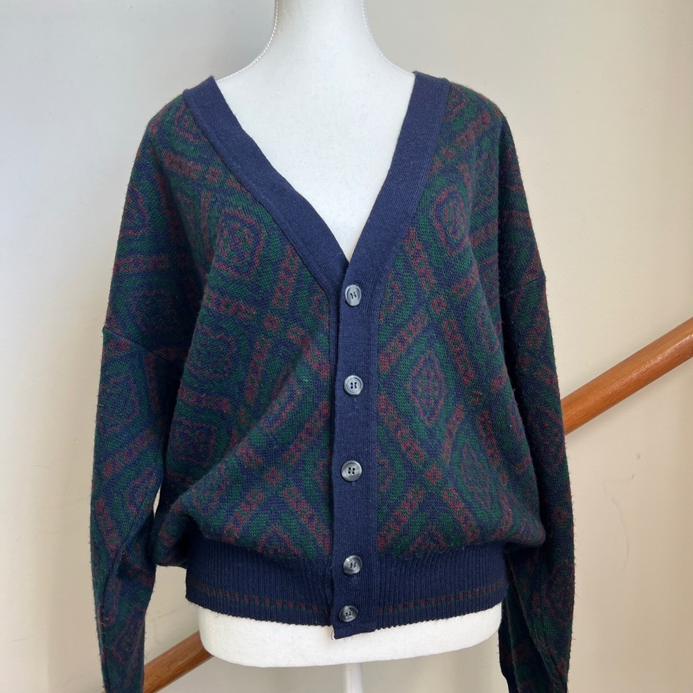Vintage Grandpa Cardigan Size Large Navy Blue Geometric Wool Blend Button Down